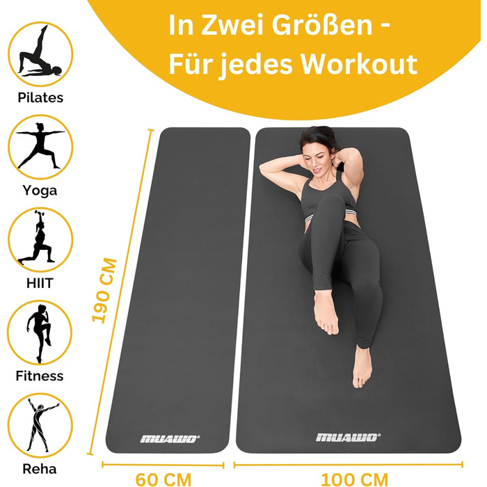 Тренувальний килимок преміум-класу: фітнес, йога, гімнастика | неслизький | товстий та довгий | 190 x 60 x 1,5 см (сірий)