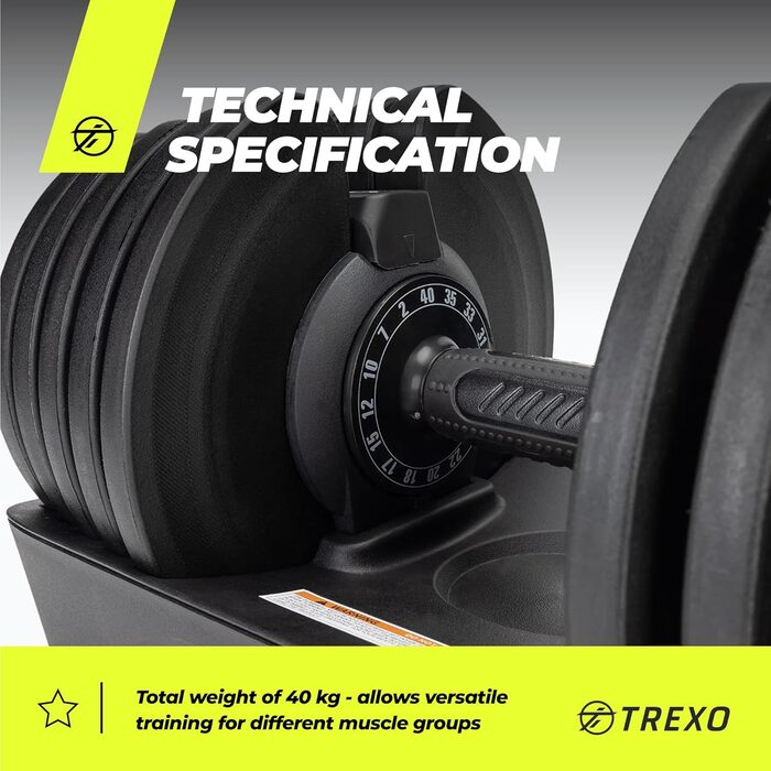 Регульована гантеля TREXO 18-40 кг з заліза, з ергономічною нековзною ручкою, чорна, для фітнесу, налаштування ваги поворотом