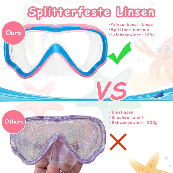 Дитячі маски для снорклінгу Vvinca з тканинним ремінцем, 180° панорама, анти-витік, для дітей 3-13 років (хлопчики та дівчатка), блакитний та рожевий кольори