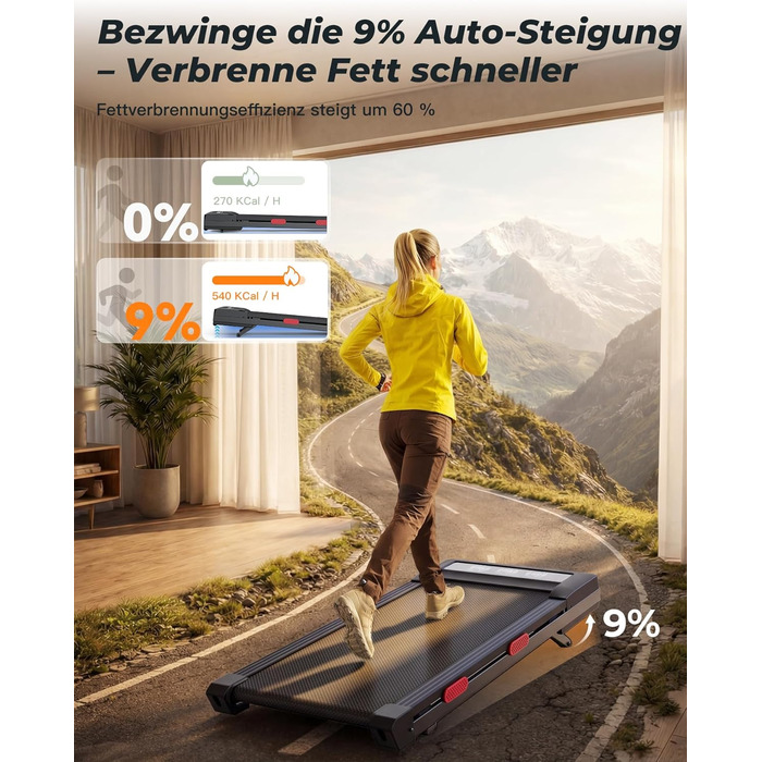 Бігова доріжка для ходьби MJWW Raceable з кутом нахилу 6-9%, 2.5/3.0 к.с., складана, для дому та офісу, з керуванням через APP, тиха, з AI-тренуваннями, LED-дисплеєм (90 см, чорний)