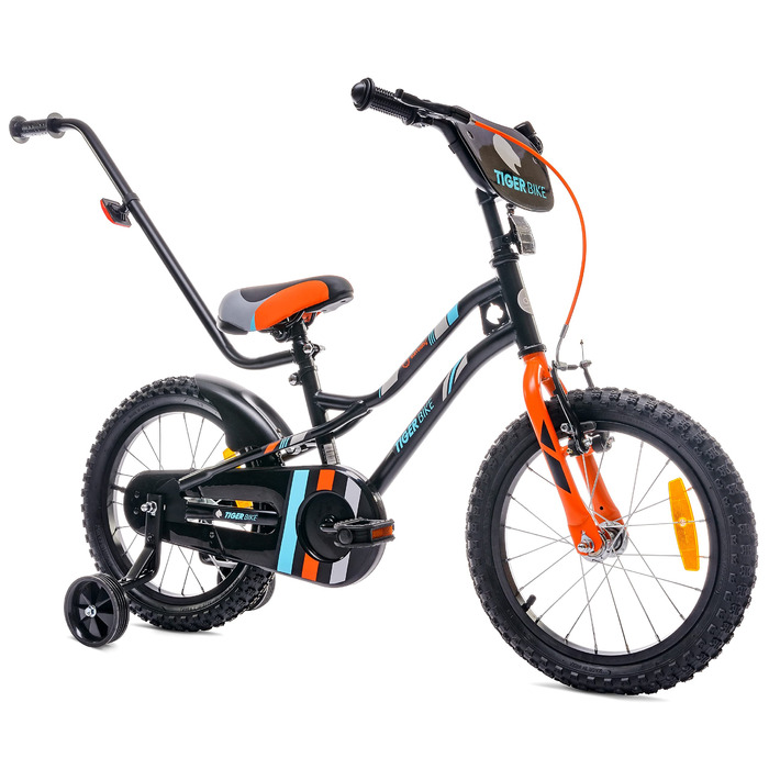 Дитяче велосипед Sun Baby Tiger Tracker 14/16 дюймів для хлопчиків. Легкий, з бічними колесами та штовхачем, 2-6 років. BMX, чорно-помаранчевий.