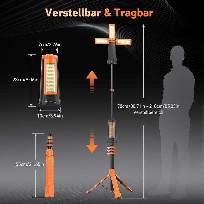 Портативна LED кемпінгова лампа 15000mAh з телескопічним штативом, 5500LM, IP65, вологостійка, для кемпінгу, подорожей, бастіону, намету, з підсвічуванням (Помаранчевий)