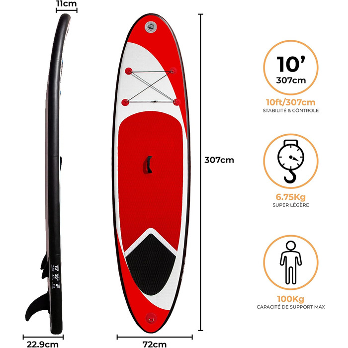 Надувна SUP дошка 307 см синя/червона, комплект: легка 6,75 кг, 3 плавці, рюкзак, помпа, еластичний ремінець, водонепроникний чохол для телефону, нековзка поверхня, для водних видів спорту