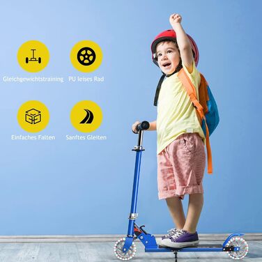 Дитячий ролер GOPLUS Roller Kinder 4 роки з LED-колесами, гальмом на задньому колесі та підніжкою, регульований по висоті, легкий алюмінієвий, складної конструкції, до 70 кг, блакитний