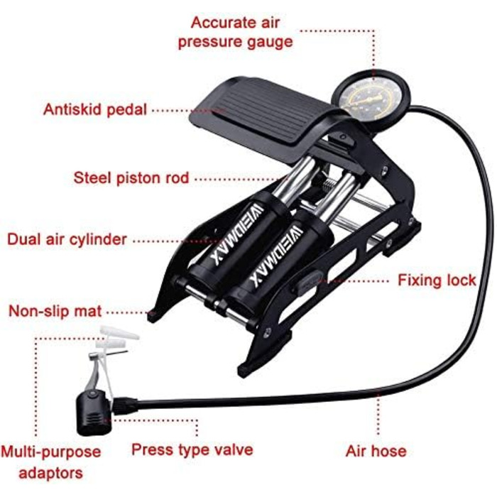 Велосипедна підкачка WEIDMAX з двома циліндрами, манометром та інтелектуальним клапаном, чорна