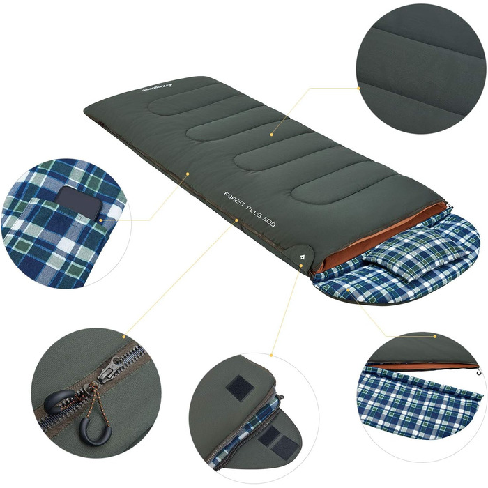 Сплячий мішок KingCamp для дорослих 3 в 1 з знімною ковдрою, зимовий, XXL, бавовна фланель, легкий, портативний, теплий (оливковий, наповнювач 500г/м²)