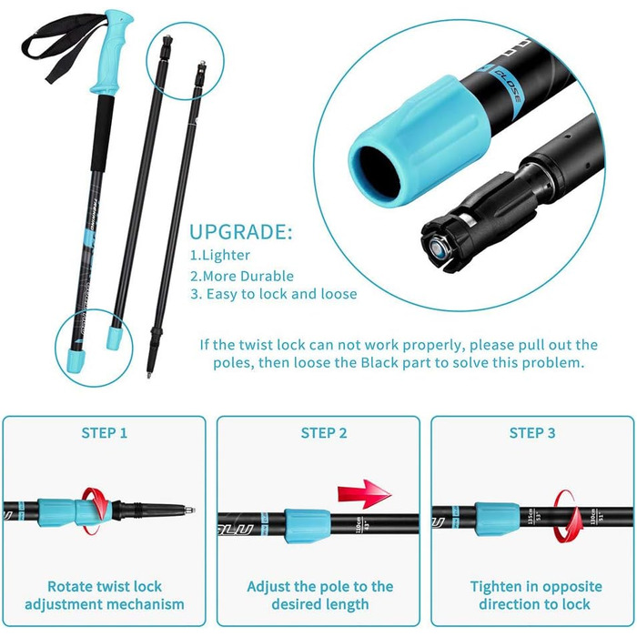 Тrekking-палиці FitTrek: телескопічні палиці для трекінгу та Nordic Walking, легкі, регульовані, з гумовими амортизаторами, підходящі для жінок, чоловіків та дітей (алюміній 6061, блакитні)
