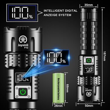 Ліхтар Jayxinli 500000 Люмен, акумуляторний, надпотужний, з регулюванням фокусу, 3 режими, тактичний, для кемпінгу, надзвичайних ситуацій та повсякденного використання, чорний