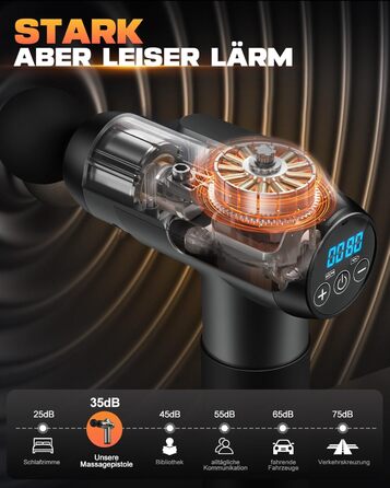 Масажер для м'язів, пістолет для масажу з 99 швидкостями та 8 насадок, до 9800U/min, амплітуда 14 мм, LED-дисплей, 35 dB, для розслаблення спини та плечей, чорний