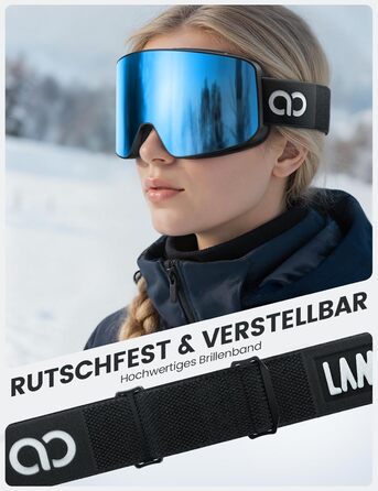 Ламікал - скі-маска для жінок та чоловіків, сноуборд маска з антизапітніючою технологією, дзеркальна, для носіїв окулярів, захист від сонця UV400, чорний каркас, блакитне скло (VLT: 11%)