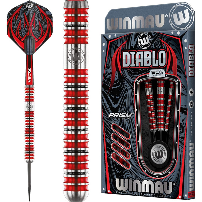 Дротики для дартсу WINMAU Diablo 22 г, сталевий наконечник, вольфрам, з крилами та стрижнями, професійні, паралельний корпус