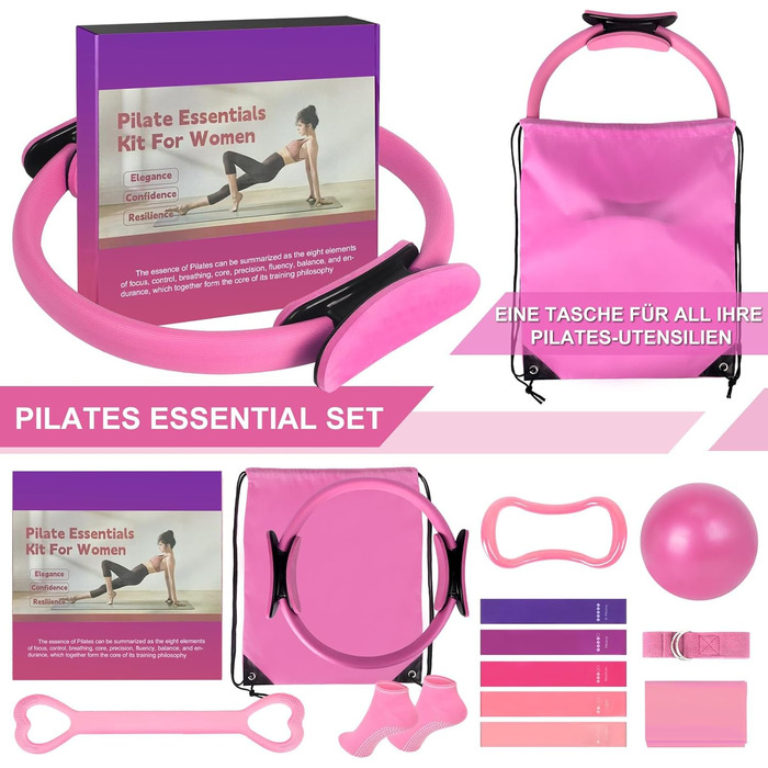 Набір для пілатесу Pilates Set 13 предметів: кільце, м'яч, гумки, шкарпетки, постер, сумка для тренувань. Пілатес вдома для жінок, рожевий колір