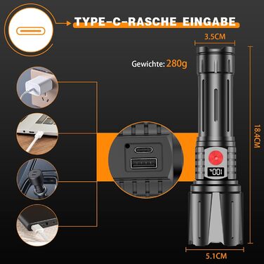 Ліхтар LED BEYSTE 1000000 Люмен, тактичний, водонепроникний, USB-C, для активного відпочинку та надзвичайних ситуацій, чорний