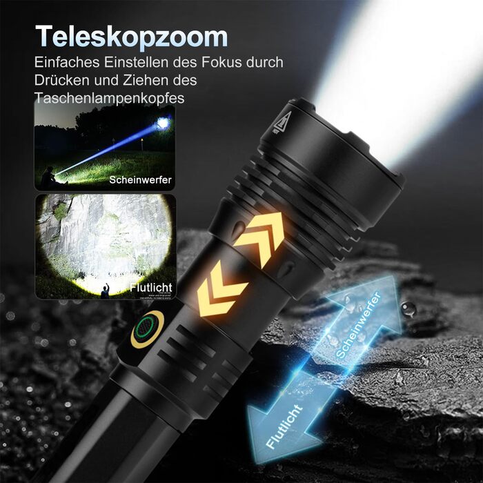 Тактичний ліхтарик ASORT 500000 люмен: USB-зарядний, Zoom, 6 режимів, водонепроникний IP67, з чохлом для кемпінгу та туризму