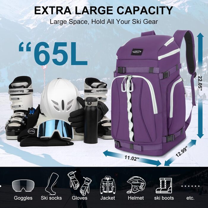 Чохол для лижних черевиків з відділенням для шолома, 65L рюкзак для лиж, водонепроникний мішок для лиж, сумка для лижних черевиків, ковзанів, лижних окулярів, сноуборду, лижних рукавиць (Ліловий)