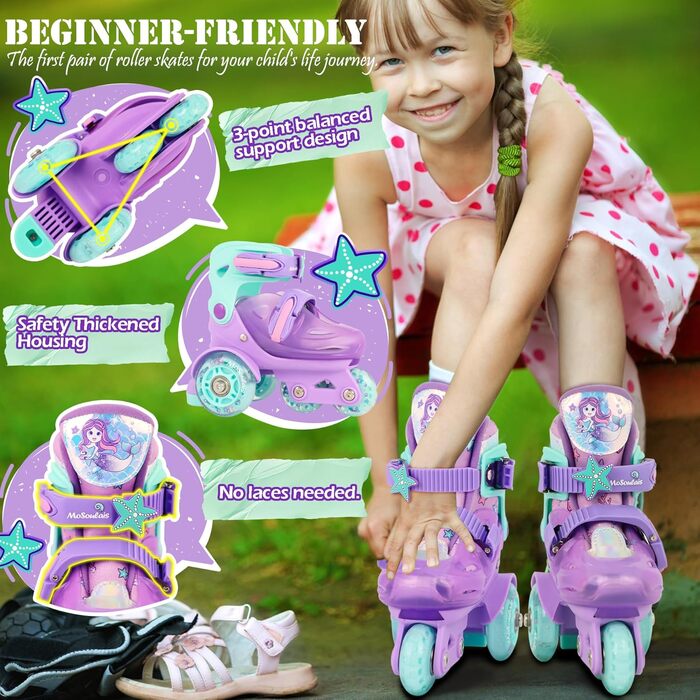 Дитячі ролики Kinder Rollschuhe для дівчаток та хлопчиків, Єдиноріг, Русалка, світлові колеса, 4 розміри, регульовані, для початківців, подарунок на Новий рік та день народження (XS(27~30), Русалка фіолетовий)
