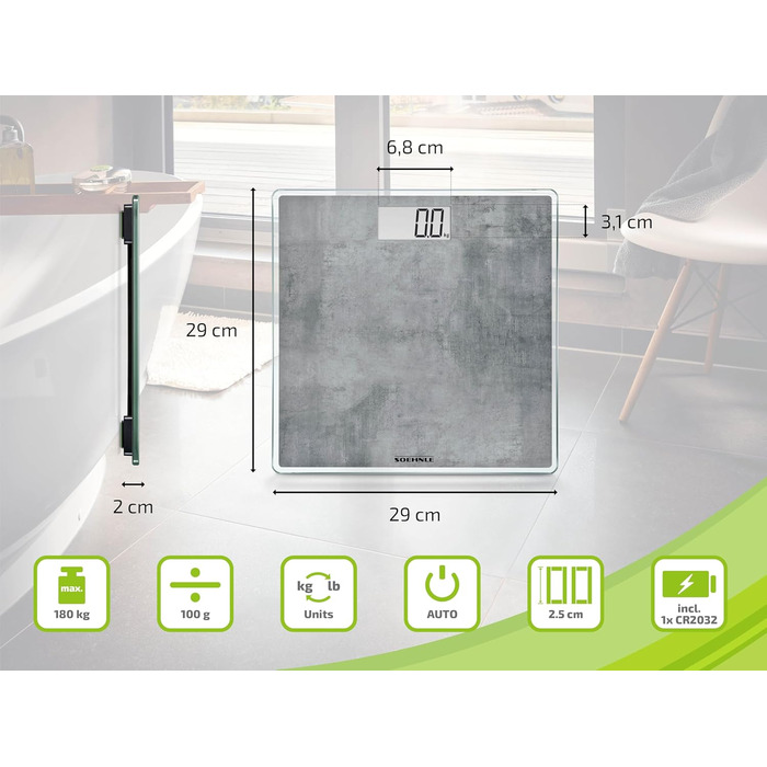 Електронна вага Soehnle Style Sense Compact 300 Concrete, до 180 кг, LCD-дисплей, надтонкий дизайн, персональна вага