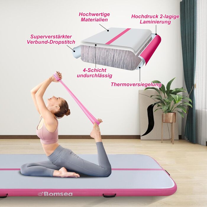 Надувна гімнастична матка Airtrack для дому: рожева, 200х100х10 см. Ідеальна для фітнесу, тренувань та гімнастики.