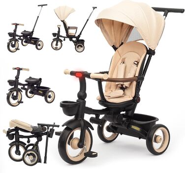 Дитяче тріцикл UBRAVOO 7-в-1: складний, з ліхтарем, гальмом, великим козирком та захисним поручнем. Для дітей від 6 місяців до 5 років (Хакі)