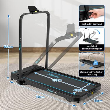 Бігова доріжка для дому складний з нахилом 7% – 2.5HP тихий двигун, подвійне керування та страхувальний трос, компактний Walking Pad для дому та офісу, для людей похилого віку, початківців та реабілітації, без збирання, 4-в-1 FunLife F4 блакитний