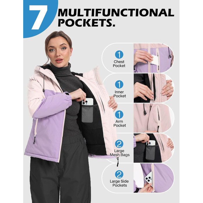 Жіноча лижна куртка GEMYSE з інтегрованими плечовими ременями. Тепла зимова куртка, водонепроникна, вітронепроникна та дихаюча. Снігова куртка для активного відпочинку. Кольори: SakuraRosa, Eisviolett, Morgenvioett. Розмір: L