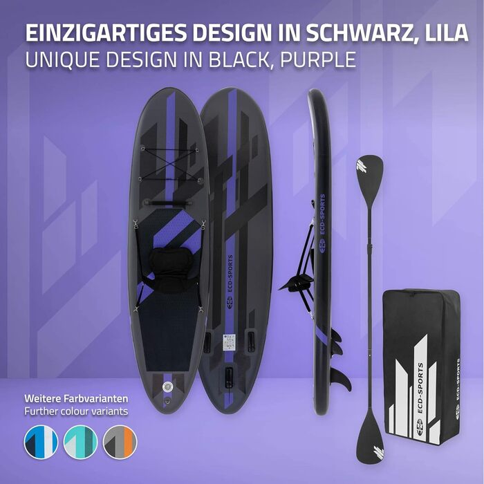 Надувний SUP Борд ECD Germany для каякінгу, 305-380 см, до 120/150 кг, 10/15 см товщина, комплект з каяком, сумкою та веслом (різні моделі) - Чорний