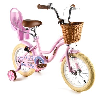 Дитяче велосипед RULLY для дівчаток 12 дюймів з додатковими колесами, кошиком та сидінням для ляльки, регульоване сидіння, 2-7 років, рожевий/фіолетовий/блакитний