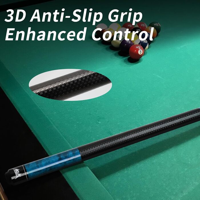 AKLOT Більярдний кий 58' (18oz-21oz) - канадський клен, шкіряна насадка 13mm, 3D ручка, прецизійне з'єднання, для гравців (блакитний, 600g)