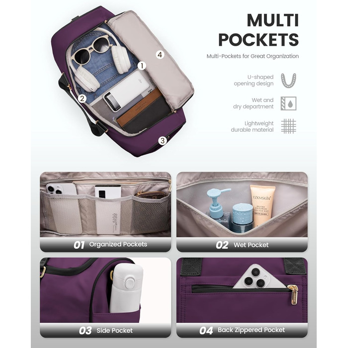 Спортивна сумка LOVEVOOK для подорожей: 37L, з культ. сумкою, відділенням для взуття та мокрих речей. Ідеальна для спортзалу, йоги, подорожей та авіаперельотів. Чорно-фіолетовий колір.