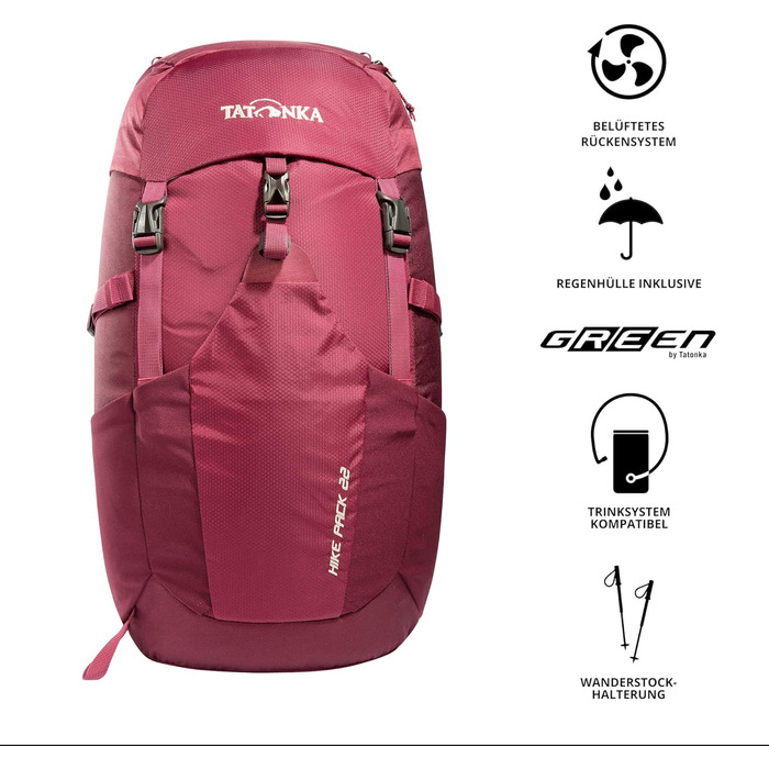 Рюкзак для походів Tatonka Hike Pack 22 л з вентиляцією спини та дощовиком, легкий та зручний туристичний рюкзак, бордовий