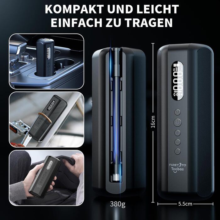 Електрична велосипедна насос-акомпресор Tccbac 5200mAh, 10 Бар, з манометром, для велосипедів, мотоциклів та авто