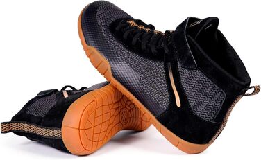 Черевики для боротьби, боксерські, фітнес, важкої атлетики та пауерліфтингу з плоскою підошвою (42 EU, широкі, чорний та золотий)