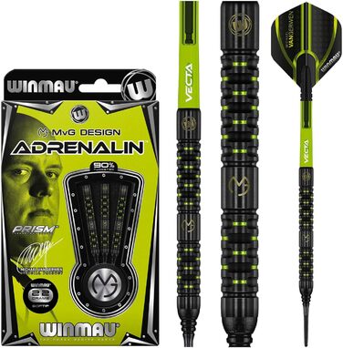 Дротики WINMAU Michael Van Gerwen MvG Adrenalin 22 г професійні, вольфрамові, з м'яким наконечником, комплект з оперенням і стрижнями
