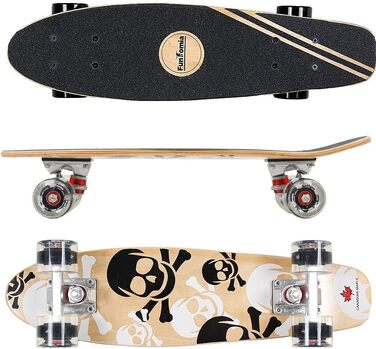 Скейтборд FunTomia Mini-Board Cruiser 57 см з 7-шарового канадського клену, підшипники Mach1 ABEC-9, білі з черепом, чорні LED-колеса