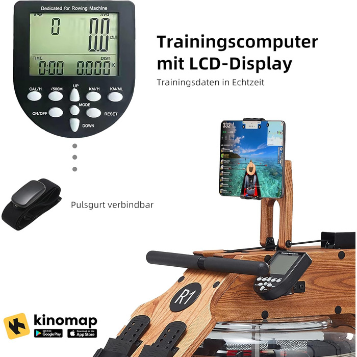 JASPORT R1: Гребний тренажер для дому з масивного дерева (Еш) з комп'ютером та кріпленням для планшета | JASPORT