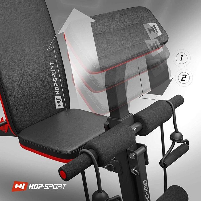 Універсальна лава для жиму Hop-Sport HS-1035 з підставкою для біцепса, регульована тренувальна лава з товстою оббивкою, для жиму лежачи та тренування всього тіла, чорна/червона