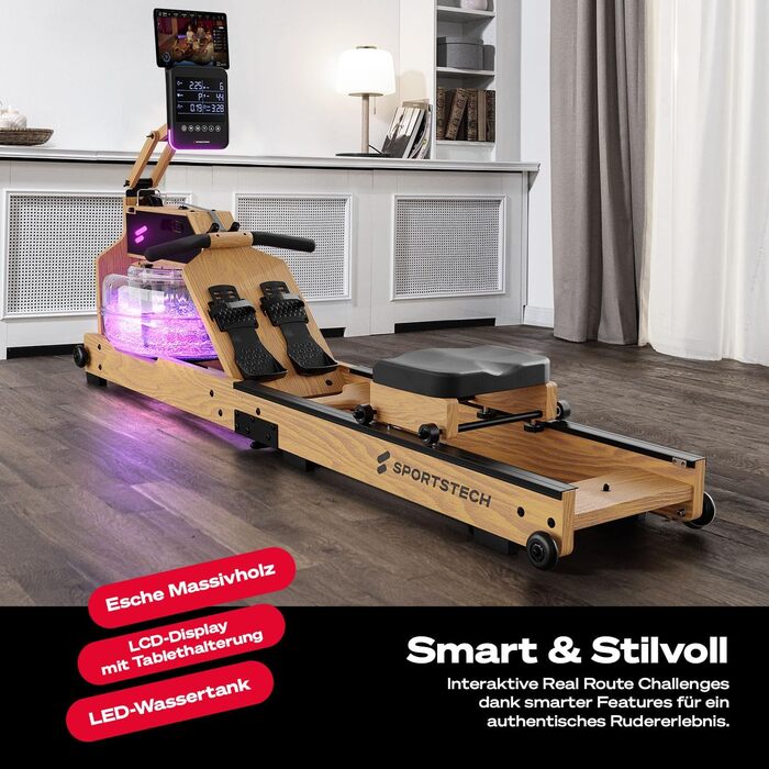 Sportstech WRX1000 OAK Преміум Гребний тренажер Water Rower для дому: з LED-дисплеєм, складною конструкцією, додатком для тренувань та тримачем для планшета. Масивне дерево.