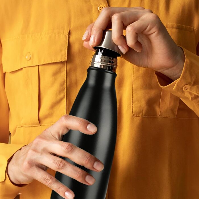 Термопляшка Mont-Clair 500 мл з нержавіючої сталі - чорна, з подвійними стінками, BPA-free, витримує 24 години холод та 12 годин тепла, без витоку