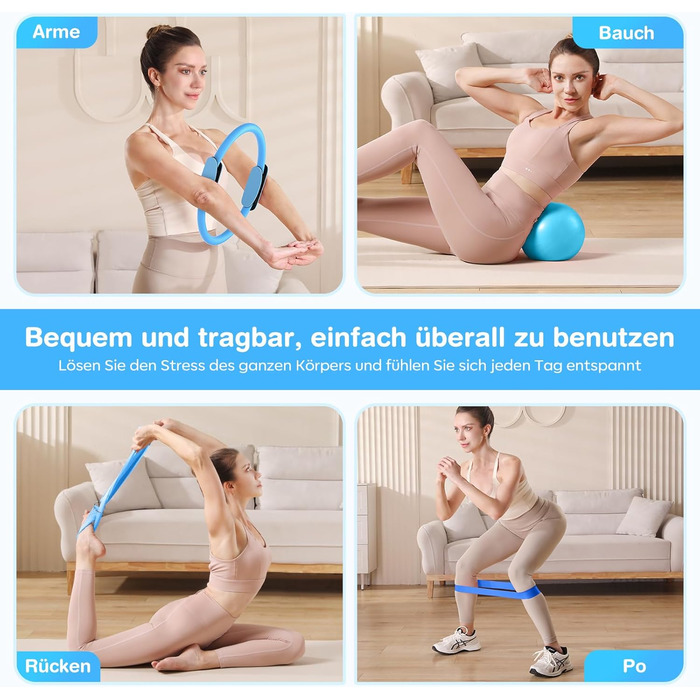 Набір для пілатесу 13 шт: кільце 13', м'яч 10' та еластичні стрічки для жінок вдома. Комплект обладнання для пілатесу для початківців, стрічки та аксесуари (блакитний)