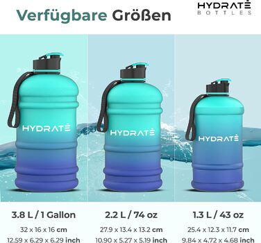 Фляга для води HYDRATE XL 2,2 л - для спортзалу, спорту та подорожей, не протікає, BPA-free, міцна, велика, 2200 мл (Блакитна Лагуна)