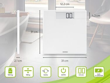 Електронні ваги для зважування Soehnle Style Sense Safe 100, з великою LCD-індикацією, нековзні ніжки, плоский дизайн, білі