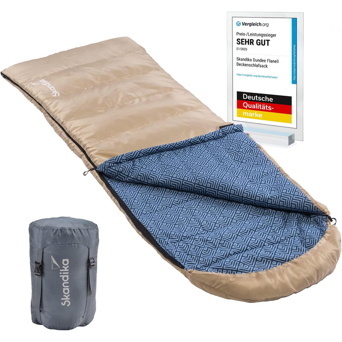 Спальний мішок Skandika Dundee Flanell з бавовни, преміум-якість, з'єднується, двомісний, 3 сезони, до -20°C, 220 x 80/160 см, для кемпінгу