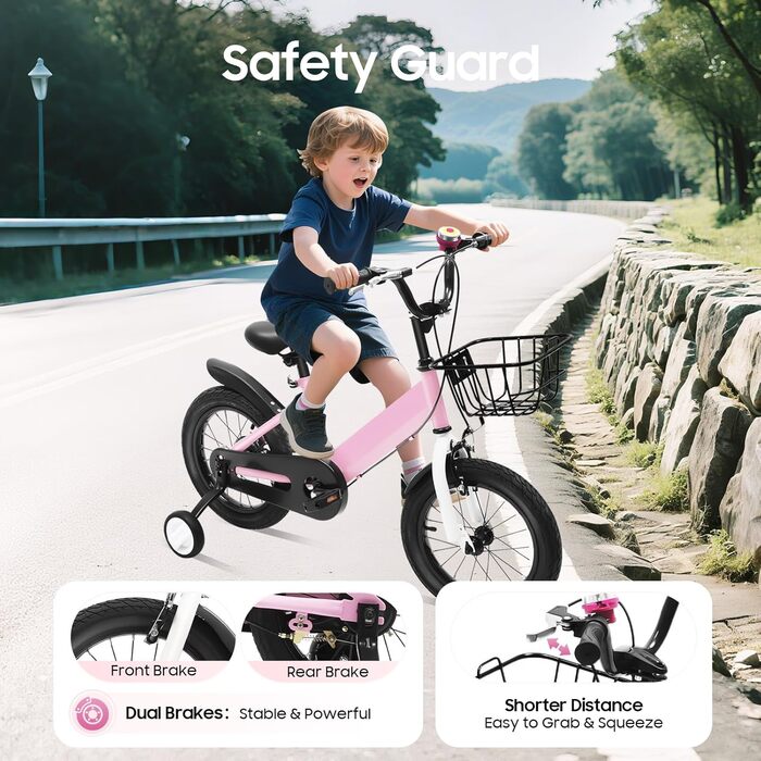 Дитячий велосипед 14 дюймів, регульована висота, рожевий велосипед для дівчаток 3-5 років. З додатковими колесами та кошиком. Ідеальний для навчання та катання на вулиці.
