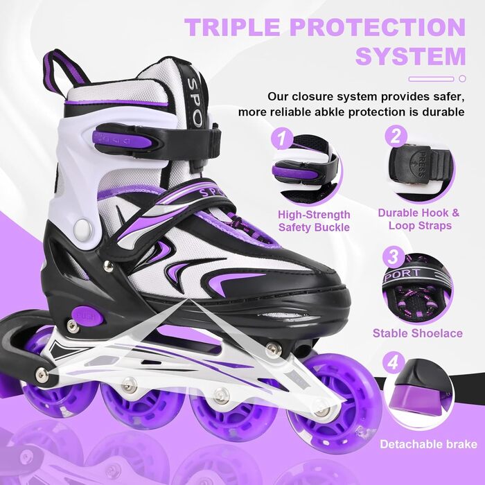 Регульовані дитячі ролики для дівчаток та хлопчиків, чорно-фіолетові. Підходять для гри в приміщенні та на вулиці.