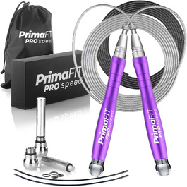 Скакалка PrimaFIT для дорослих, фітнес, професійна, 3м, регульована з обважнювачами, 2 підшипники, антиковзні ручки, для боксу, MMA, кросфіту, сталевий трос, чохол, фіолетова