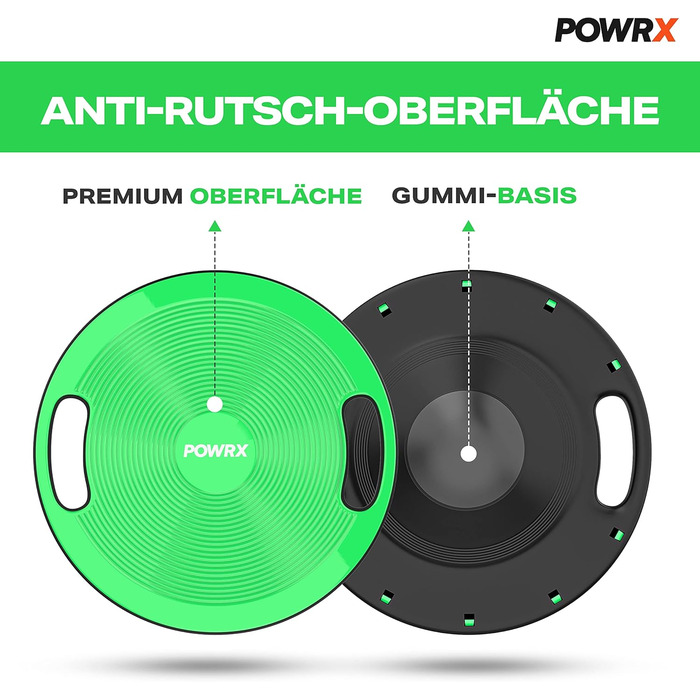 Wackelbrett POWRX для балансу та фітнесу (40 см) з ручками. Ідеально для фізіотерапії та пропріоцептивного тренування. Зелений колір.