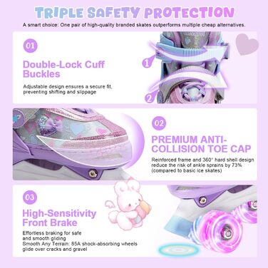 Дитячі ролики для дівчаток з блискучими сердечками та світлодіодними колесами, 4-разове регулювання, ролики для дітей-початківців, ідеальний подарунок на день народження або Різдво, фіолетовий колір