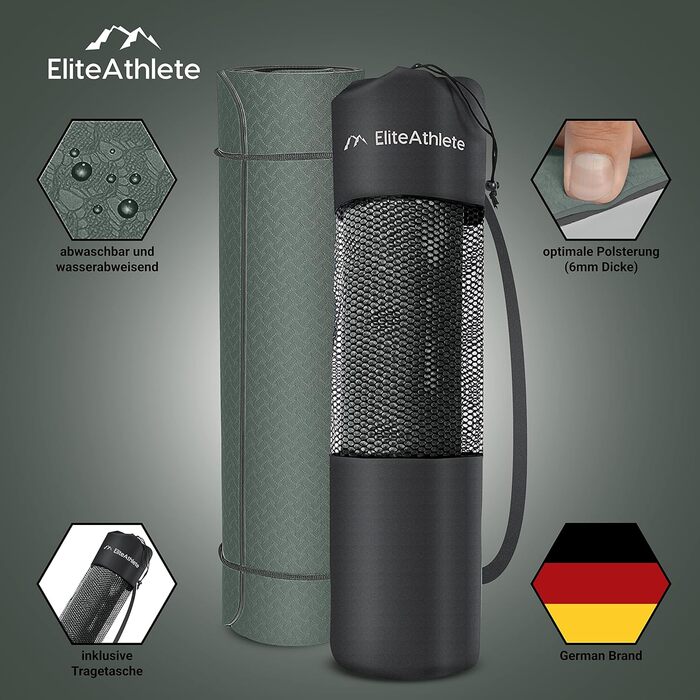 Килимок для йоги EliteAthlete 183×61×0,6 см, нековзкий, з ременем і сумкою, для фітнесу, пілатесу, тренувань, Deep Forest
