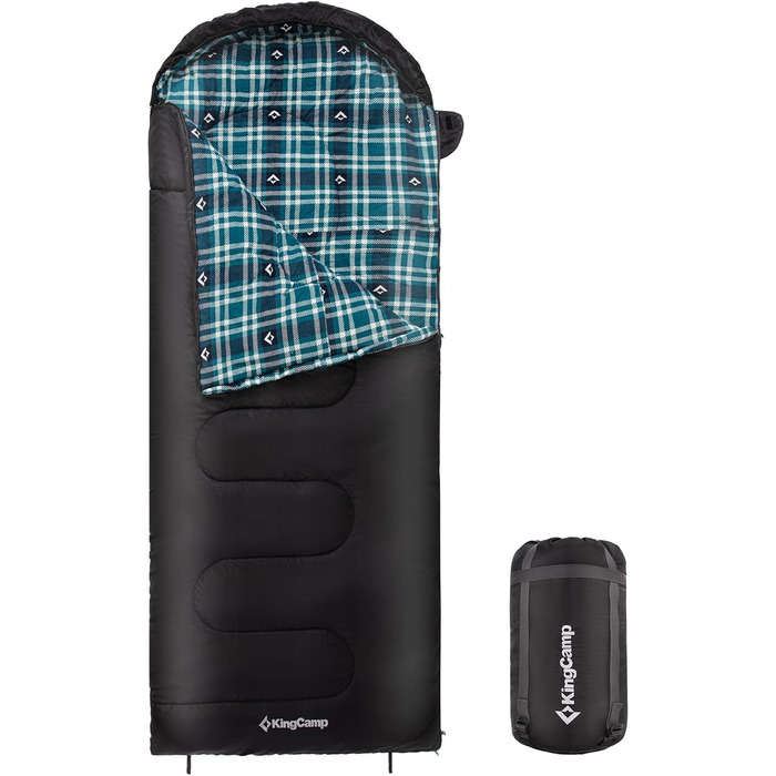 Сплячий мішок KingCamp для дорослих, зимовий | Фланелевий, для холодної погоди, 3-4 сезон, великий, легкий, водостійкий, для кемпінгу, трекінгу (Чорний, 2.2 кг, ліва блискавка)
