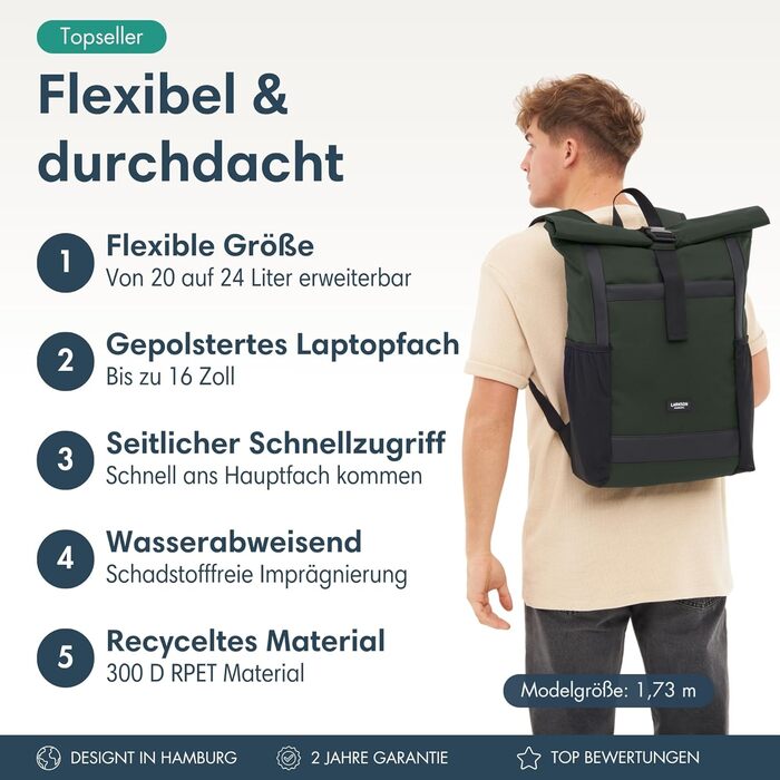 Жіночий рюкзак LARKSON Rolltop, зелений, великий, для школи, університету, велосипеда, з відділенням для 16-дюймового ноутбука, водовідштовхувальний, антивикрадний, екологічний